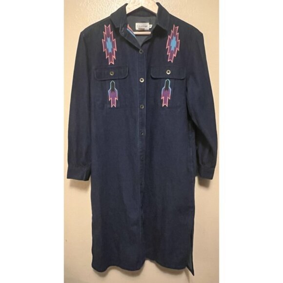 Vtg Calvin Klein Denim Duster Jacket Southwest Custom Tribal Native Am Women's L - Picture 1 of 16